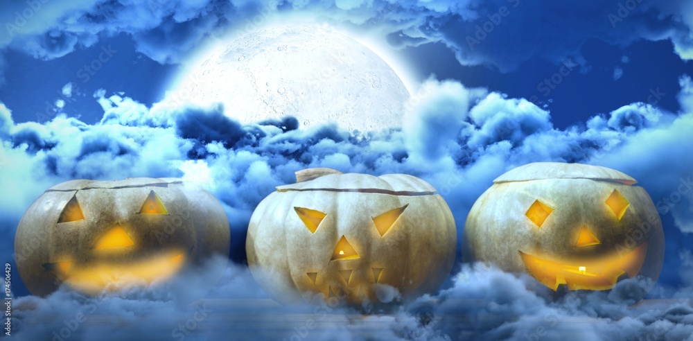 Poster composite image of jack o lanterns arranged on table