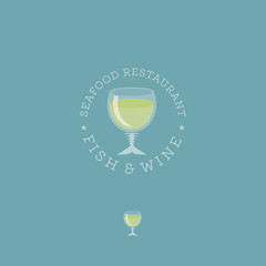 Fish and wine logo. Seafood restaurant. Wineglass with fish bone.