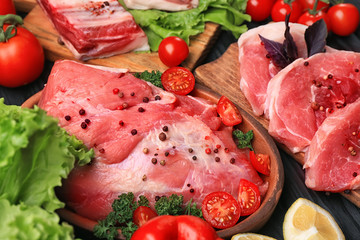 Different types of raw meat on table, closeup