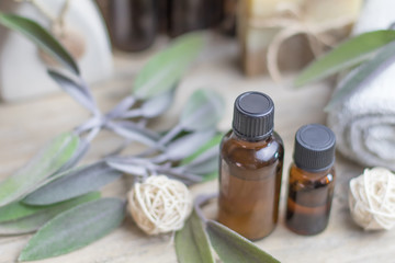 Essential oil sage towel spa. Dry Medical Herb Phytotherapy Aromatherapy concept.