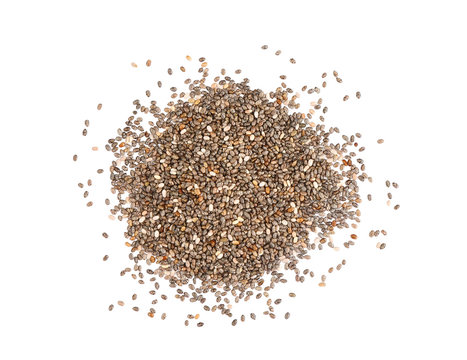Heap of chia seeds on white background
