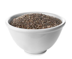 Bowl with chia seeds on white background