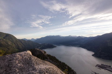 Beautiful sunset view of Howe Sound from the top of Chief Mountain. Taken in Squamish, North of Vancouver, British Columbia, Canada.
