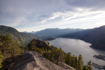 Beautiful sunset view of Howe Sound from the top of Chief Mountain. Taken in Squamish, North of Vancouver, British Columbia, Canada.
