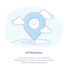 Flat Line Icon Concept of GPS Navigator Pin Checking. Blue color on white background. Isolated vector illustration object. 