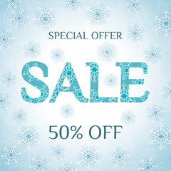 Special offer sale template, discount banner, snowflakes winter background. Vector illustration