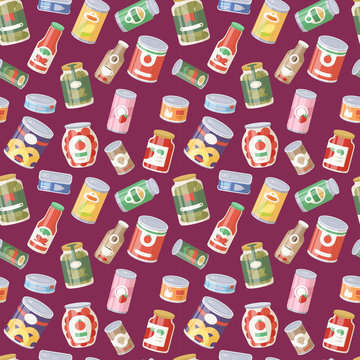 Collection Of Various Tins Canned Goods Food Metal Container Seamless Pattern Background