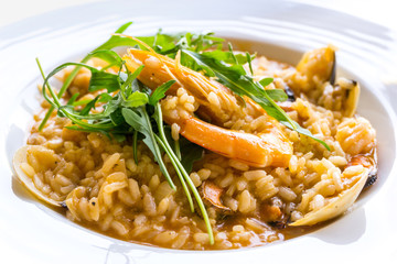 Tasty risotto with Shrimp, fresh herbs vegetables on a white plate