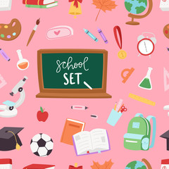 School supplies symbols seamless pattern background equipment vector illustration. Back to school