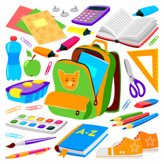 School bag backpack full of supplies children stationary zipper educational sack vector illustration.