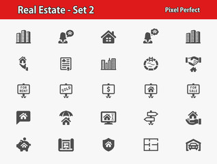 Real Estate Icons. Professional, pixel perfect icons optimized for both large and small resolutions. EPS 8 format.