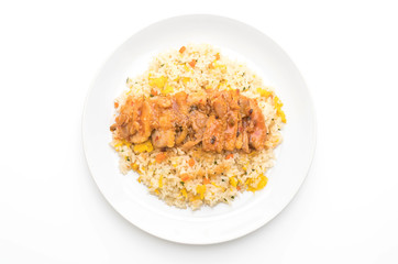 fried rice with grilled chicken and teriyaki sauce