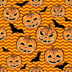 Seamless pattern with orange halloween pumpkins and bat on yellow background. Halloween design template for scrap-book paper, textile print, page fill. Vector.