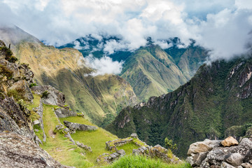 East terrace of Machu Picchu looking down the mountain range