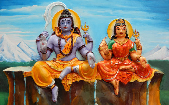 Wall art of Hindu God Shiva With Goddess Parvati in kailash mountains as in mythology in a Temple