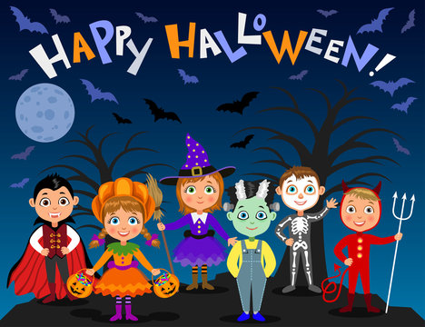 Happy Halloween. Children in halloween costumes. Vampire Dracula, devil, witch, pumpkin, zombie, skeleton. Boys and girls on nights background. Vector characters.
