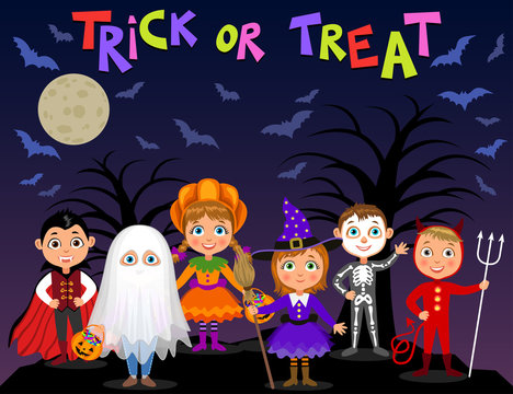 Happy Halloween. Children in halloween costumes. Vampire Dracula, devil, witch, pumpkin, ghost, skeleton. Boys and girls on nights background. Vector characters.