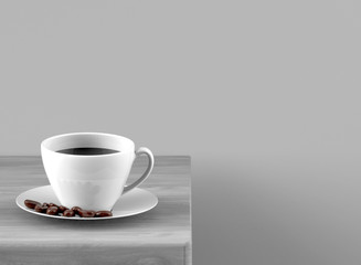 3d rendering. black coffee on white cup and beans on wood table with gray copy space as background