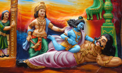 Wall art of Sri Krishna kill kamsa ,tyrant ruler of Vrishni kingdom as in Mahabharata in a temple