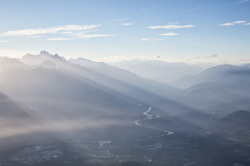 Aerial landscape view of the beautiful mountains near Squamish, North of Vancouver, British Columbia, Canada.
