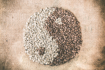 coffee beans background group of green and roasted arabica coffee beans concept of coffee state and agriculture