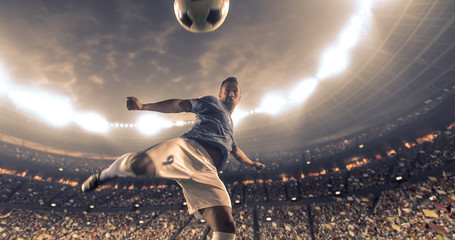 Soccer player kicks the ball on the soccer stadium. He wear unbranded sports clothes. Stadium and crowd made in 3D. © haizon