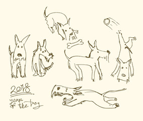 Little frolicking dogs. Outline illustration of a 2018 year of the dog.