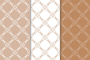 Naklejka premium Brown and white geometric ornaments. Set of seamless patterns