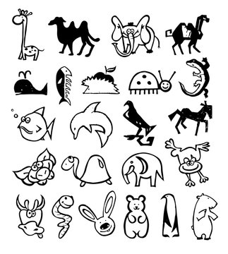 Hand drawn doodle concept logo. Cartoon character animals. 
