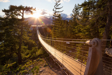 Suspension Bridge on Top of a Mountain in Squamish, North of Vancouver, British Columbia, Canada. - obrazy, fototapety, plakaty