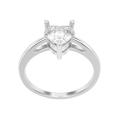 3D illustration isolated white gold or silver engagement ring with diamond heart