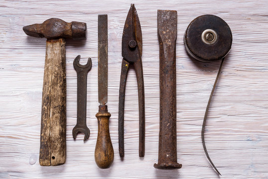 Antique Constuctor Tools On Wooden Background