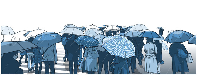 Illustration of crowd of people waiting at street crossing in the rain with rain coats and umbrellas in blue tones © rob z