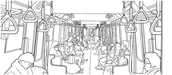 Illustration of people using public transport; train, subway, metro