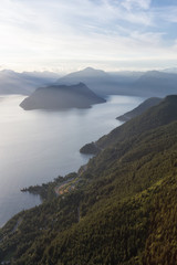 Aerial landscapel view of Howe Sound, Lions Bay, North Shore Mountains and Sea to Sky Highway. Taken North of Vancouver, British Columbia, Canada.