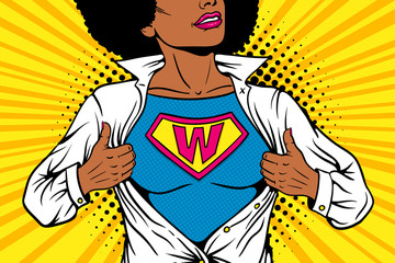 Pop art female superhero. Young sexy afro american woman dressed in white jacket shows superhero t-shirt with W sign means Woman on the chest. Vector illustration in retro pop art comic style.