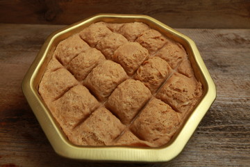 turkish tahini halva in an iron pot