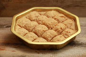 turkish tahini halva in an iron pot