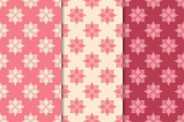 Set of red floral ornaments. Cherry pink vertical seamless patterns