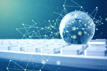 glass global  with network web fiber optic light