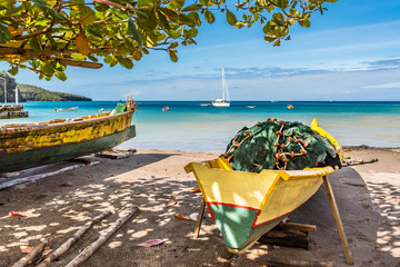 Caribbean bay on St. Lucia with boats