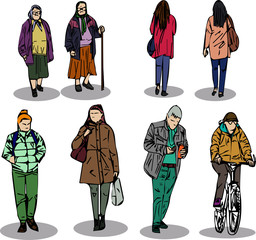 abstract sketch of walking people in line on white background