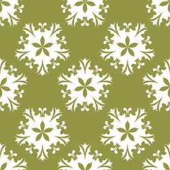 White flowers on olive green background. Ornamental seamless pattern
