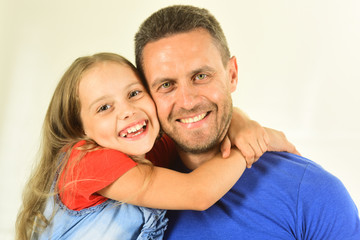 Obraz premium Girl and man with happy smiling faces on white background