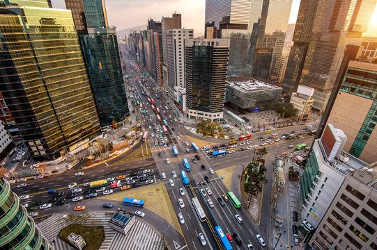 Traffic speeds through an intersection in Gangnam, Seoul in South Korea.