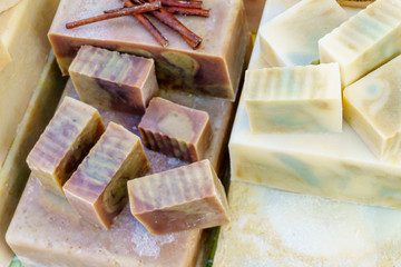 Rows of colorful homemade soap