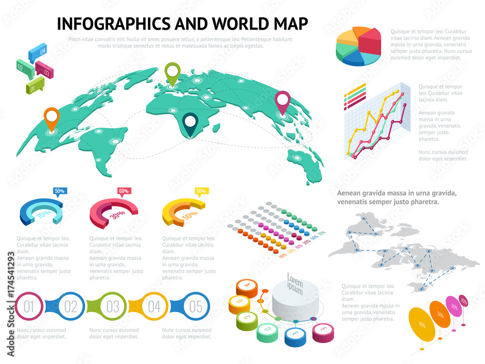 Poster isometric world map with set of infographics elements. big set of infographics with data icons, worl