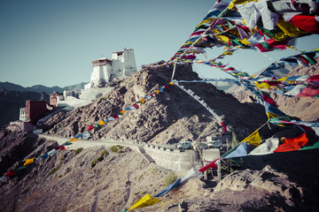 Prayer tibetan flags near the Namgyal Tsemo Monastery in Leh, Ladakh