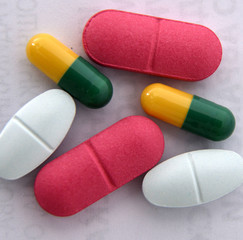Many colorful pills and capsules ,top view