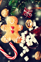 Christmas composition with Christmas gift, gingerbread man cookie, fir tree branches, xmas holiday decorations 